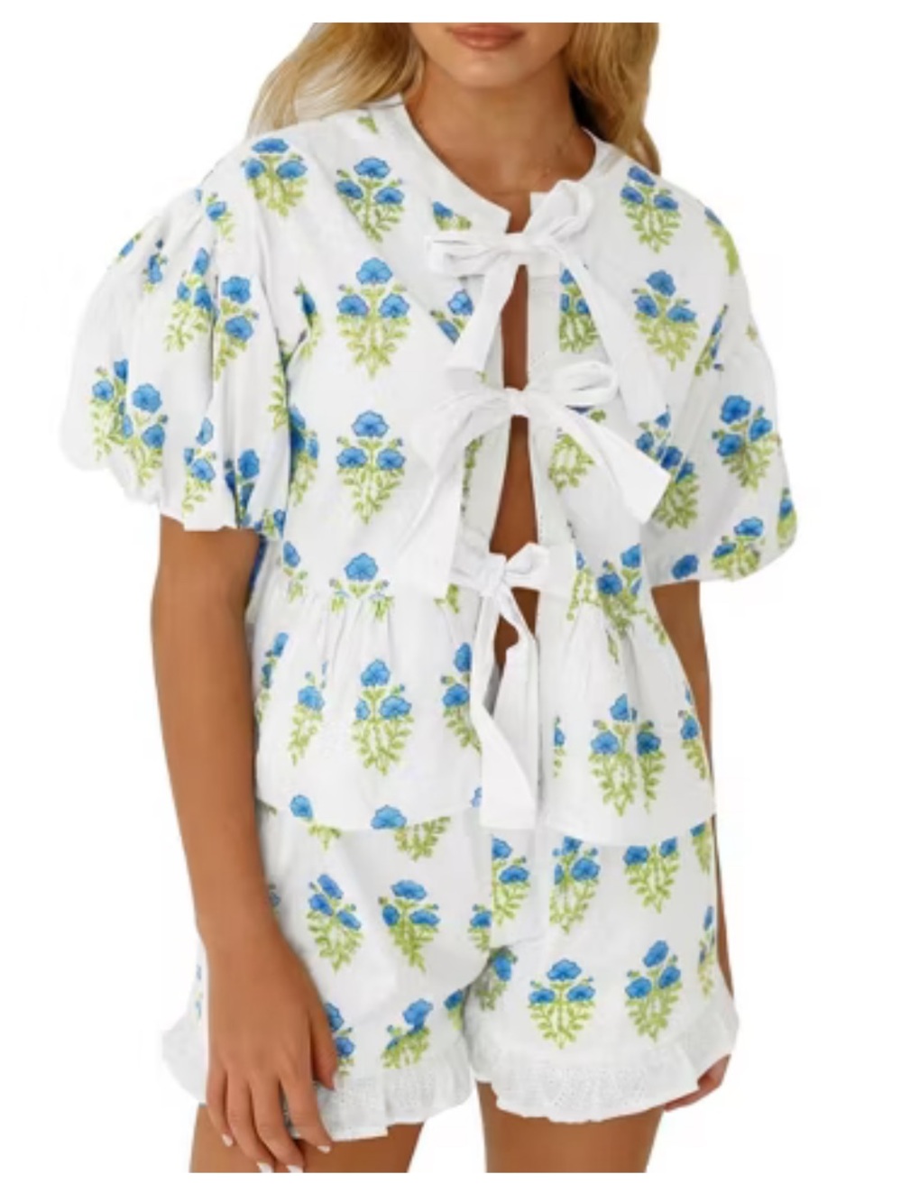 Target White Floral Tie-Front Two Piece Short Set with Blue & Green Print